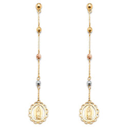 14k Tricolor Gold Our Lady Guadalupe Fancy Hanging Chains Earrings Diamond Cut Genuine 70mm x 11mm