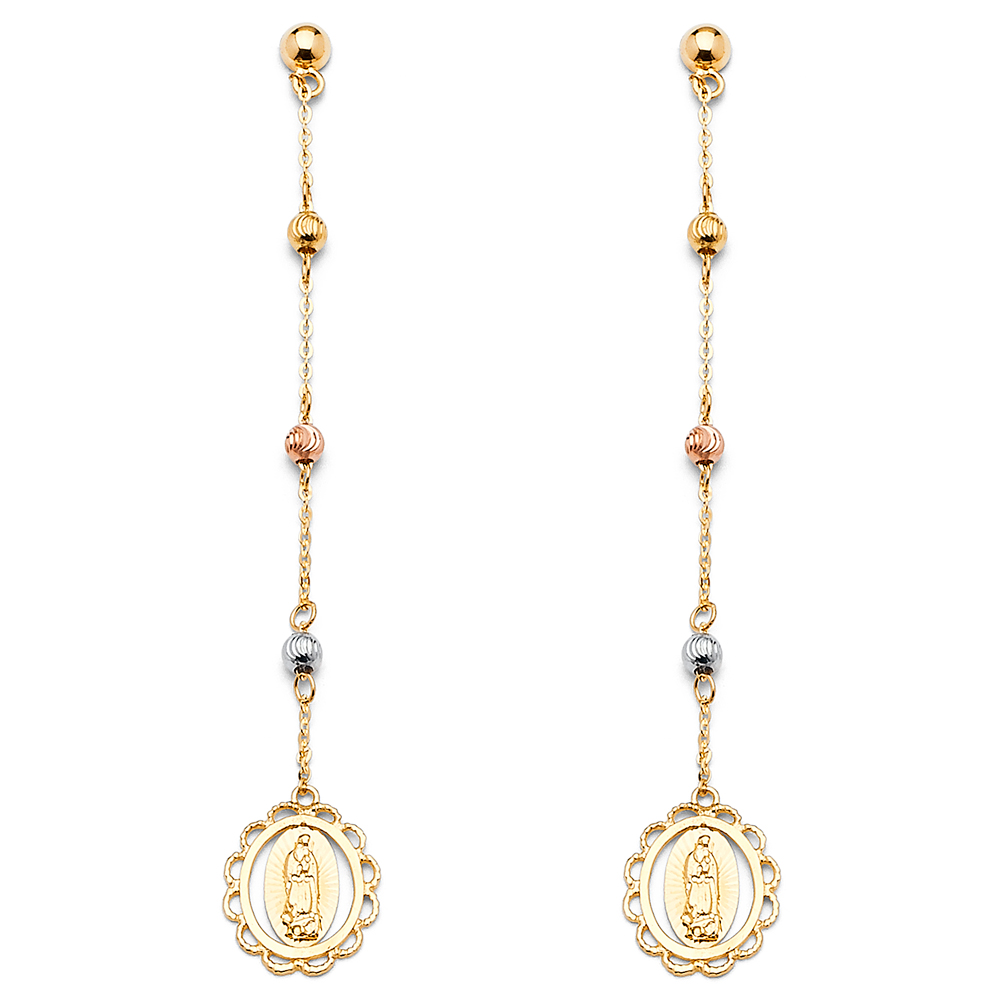14k Tricolor Gold Our Lady Guadalupe Fancy Hanging Chains Earrings Diamond Cut Genuine 70mm x 11mm
