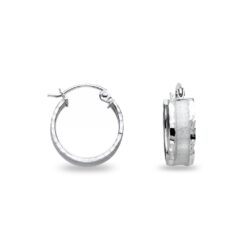 Diamond Cut Round Hoops Satin & Polished Finish Earrings 14k White Gold French Lock Fancy 12mm x 5mm