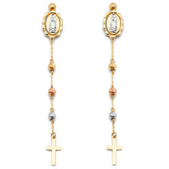 14k Tricolor Gold Religious Cross Lady Guadalupe Hanging Diamond Cut Earrings Fancy New 60mm x 5mm