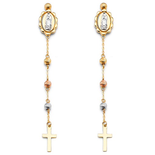 14k Tricolor Gold Religious Cross Lady Guadalupe Hanging Diamond Cut Earrings Fancy New 60mm x 5mm