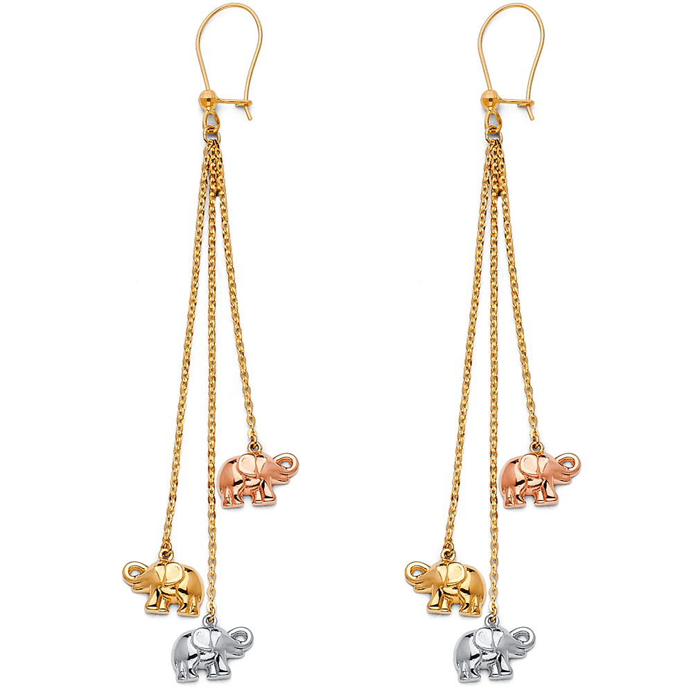 14k Tricolor Gold Three 3 Elephants Hanging Earrings Polished Fancy Fashion Lucky Charm 67mm x 9mm