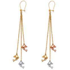 Dolphins Hanging Earrings 14k Tricolor Gold Fancy High Polished 3 Chains Fashion Design 68mm x 6mm