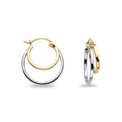 14k Yellow And White Gold Two Tone Plain Round Double Hoop Earrings Polished French Lock 16mm x 4mm