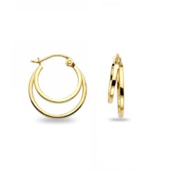 Plain Double Hoop Earrings Round 14k Yellow Gold Polished Finish French Lock Genuine 16mm x 4mm