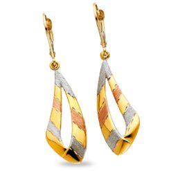 14k Yellow Gold Tricolor Fancy Hanging Curve Drop Earrings Leverback Fashion Genuine 45mm x 12mm