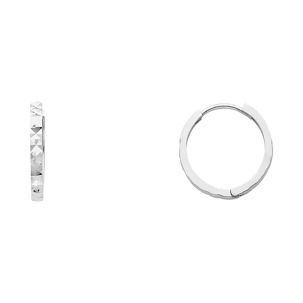 14k White Gold Square Tube Diamond Cut Huggies Small Round Hoop Earrings Genuine Womens 15mm x 2mm