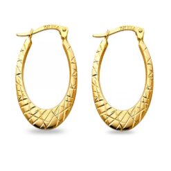 Ladies Oval Hoops Diamond Cut Earrings French Lock 14k Yellow Gold Fancy Design Genuine 25mm x 1.7mm