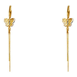 Butterfly Hanging Earrings Genuine 14k Yellow Gold Long Chains Fancy Diamond Cut Fashion Ladies 65mm