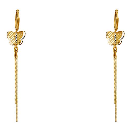 Butterfly Hanging Earrings Genuine 14k Yellow Gold Long Chains Fancy Diamond Cut Fashion Ladies 65mm
