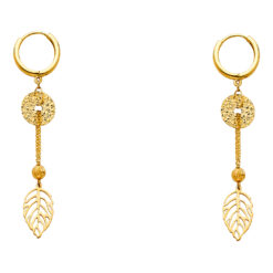 14k Yellow Gold Fancy Leaf Diamond Cut With Long Chain Hanging Earrings Genuine Polished Design 55mm