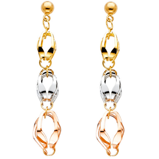14k Yellow White Rose Tricolor Gold Fancy Unique Hanging Style Earrings Drop Design Genuine New 35mm
