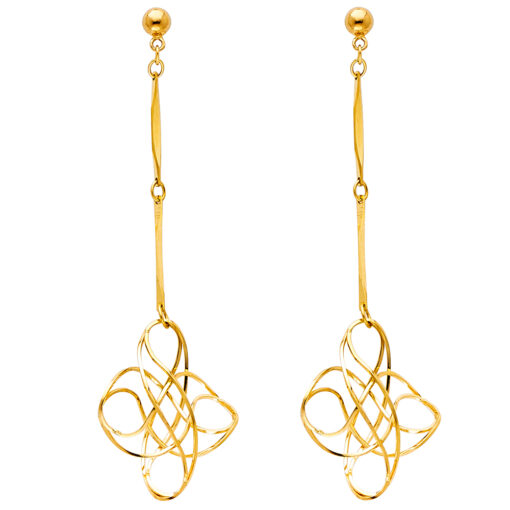 Womens Long Fashion Drop Earrings Genuine 14k Yellow Gold Hanging Design Fancy Polished Style 50mm
