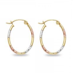 Oval Hoops Diamond Cut French Lock Earrings 14k Tricolor Gold Satin & Polished Finish 20mm x 1.5mm