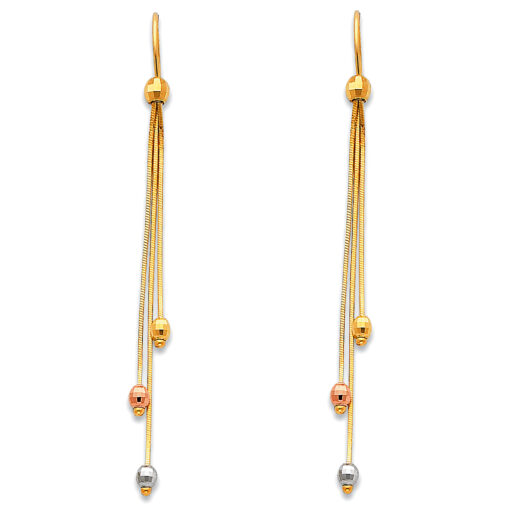 14k Tricolor Gold Fancy Fashion Earrings Diamond Cut Design Balls 3 Chains Hanging Style Women 65mm