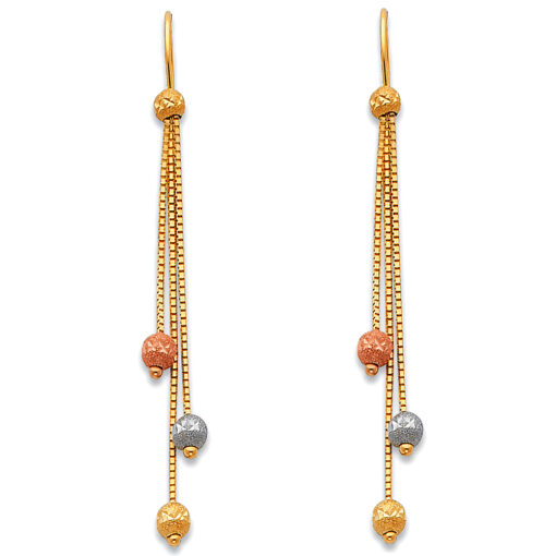 14k Tricolor Gold Ladies Fancy 3 Boxed Chains Hanging Earrings Diamond Cut Sand Finish Balls 60mm