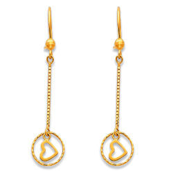 Heart Dangling Earrings Fashion Diamond Cut Hanging Chain Circle Open Design 14k Yellow Gold 45mm