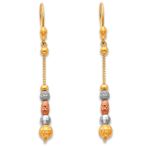 14k Tricolor Gold Beaded Balls Long Dangling Hanging Earrings Satin And Polished Fancy Fashion 50mm