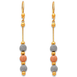 Round Beaded Balls Long Earrings Hanging Chain Dangling Diamond Cut Fashion 14k Tricolor Gold 55mm