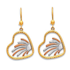 Heart Hanging Fashion Drop Dangling Earrings Fancy Design Textured Genuine 14k Tricolor Gold 35mm