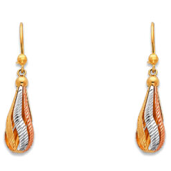 Hollow Drop Hanging Diamond Cut Textured Earrings Genuine 14k Tricolor Gold Fancy Fashion Women 35mm