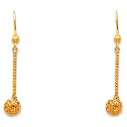 14k Yellow Gold Round Perforated Disco Ball Hanging Earrings Fancy Diamond Cut Fashion Genuine 37mm