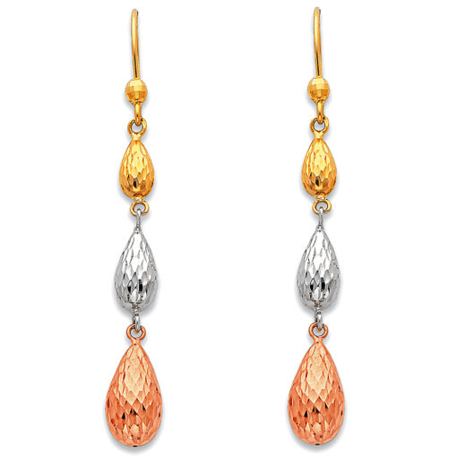 Long Drop Fashion Hanging Diamond Cut Earrings Womens Genuine 14k Tricolor Gold Fancy Design 55mm
