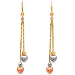 Dangling Hearts Long Box Chain Hanging Earrings Fashion Diamond Cut Genuine 14k Tricolor Gold 60mm
