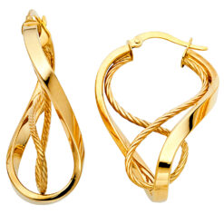 Hollow Diamond Cut Oval Hoope Earrings French Lock 14k Yellow Gold Fancy Design Polished 40mm x 25mm