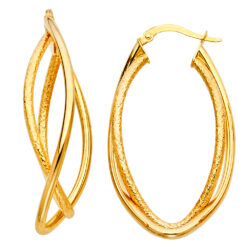14k Yellow Gold Oval Rope Curve Hoop Earrings Satin And Polished Finish French Lock Fancy 43mm x 2mm