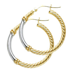 Round Rope Hoop Earrings 14k Yellow And White Gold Two Tone Polished French Lock Design 25mm x 2.5mm