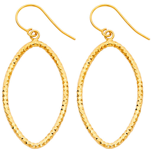 14k Yellow Gold Oval Shape Fluted Hoop Earrings Hanging Textured Fancy Design Genuine 40mm x 22mm