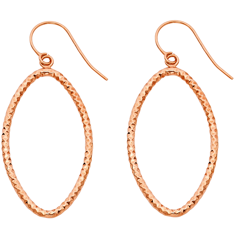 14k Rose Gold Ladies Oval Shape Hoop Hook Fluted Earrings Fancy Hanging Textured Design 40mm x 22mm