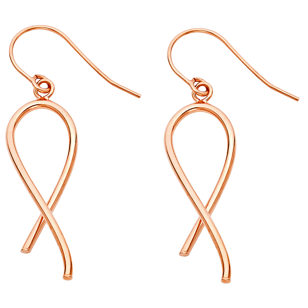 14k Rose Gold Pink Ribbon Breast Cancer Awareness Hanging Hook Earrings Polished Genuine 34mm x 12mm