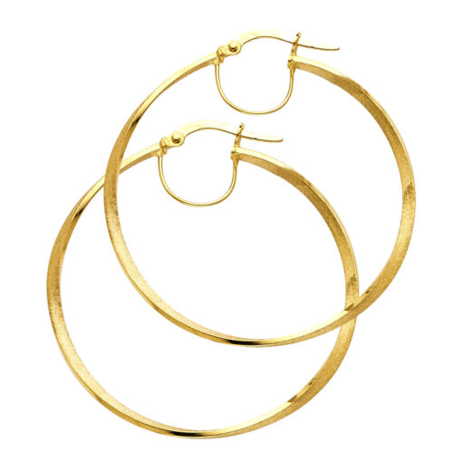 14k Yellow Gold Twisted Round Hoops Earrings Satin Sand Finish French Lock Fancy Design 40mm x 40mm