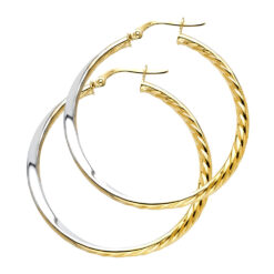 14k Yellow White Gold Two Tone Round Curve Twisted Hoop Earrings French Lock Polished 38mm x 38mm