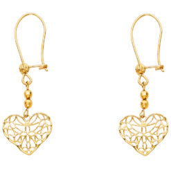 Filigree Open Heart Earrings 14k Yellow Gold Fancy Hanging Diamond Cut Polished Design 12mm x 14mm