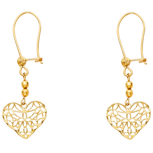 Filigree Open Heart Earrings 14k Yellow Gold Fancy Hanging Diamond Cut Polished Design 12mm x 14mm