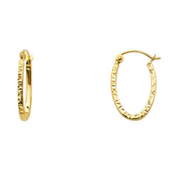 14k Yellow Gold Oval Diamond Cut Square Tube Hoop Earrings Polished Finish French Lock 13mm x 1.8mm