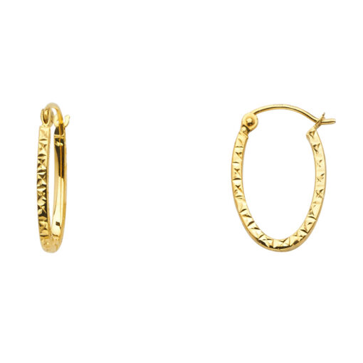 14k Yellow Gold Oval Diamond Cut Square Tube Hoop Earrings Polished Finish French Lock 13mm x 1.8mm