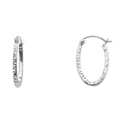 14k White Gold Oval Hoops Diamond Cut Square Tube Fancy Earrings Polished Genuine Solid 20mm x 1.8mm