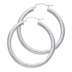 Round Tube Hoop Earrings Frenck Lock Sand Satin Finish 14k White Gold Fancy Design 35mm x 35mm
