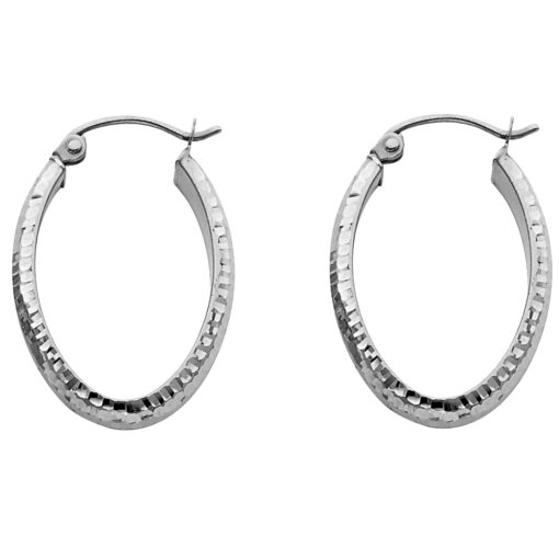 14k White Gold Diamond Cut Oval Hoops Wide French Lock Earrings Polished Design Genuine 24mm x 3.5mm
