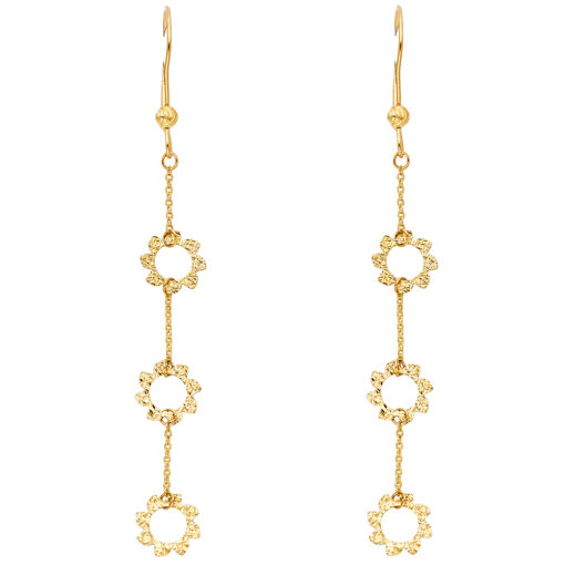 Ladies Long Chain Open Flower Earrings Hanging Design Diamond Cut Style 14k Yellow Gold 72mm x 8mm