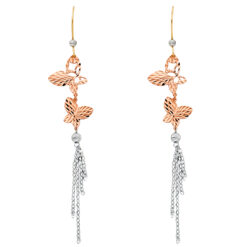 14k Tricolor Gold Butterfly Ball Long Chains Hanging Fancy Earrings Diamond Cut Design 95mm x 15mm