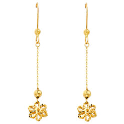 Flower Hanging Earrings Chain Design Genuine 14k Yellow Gold Fancy Diamond Cut Balls New 60mm x 10mm