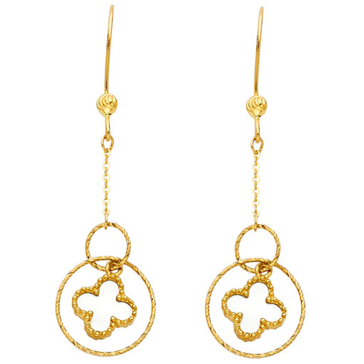 14k Yellow Gold Van Cleef Inspired Design Hanging Earrings Diamond Cut Style Polished 50mm x 15mm