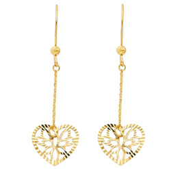 Heart Hanging Long Earrings Diamond Cut Flower Chain 14k Yellow Gold Fashion Genuine New 55mm x 15mm