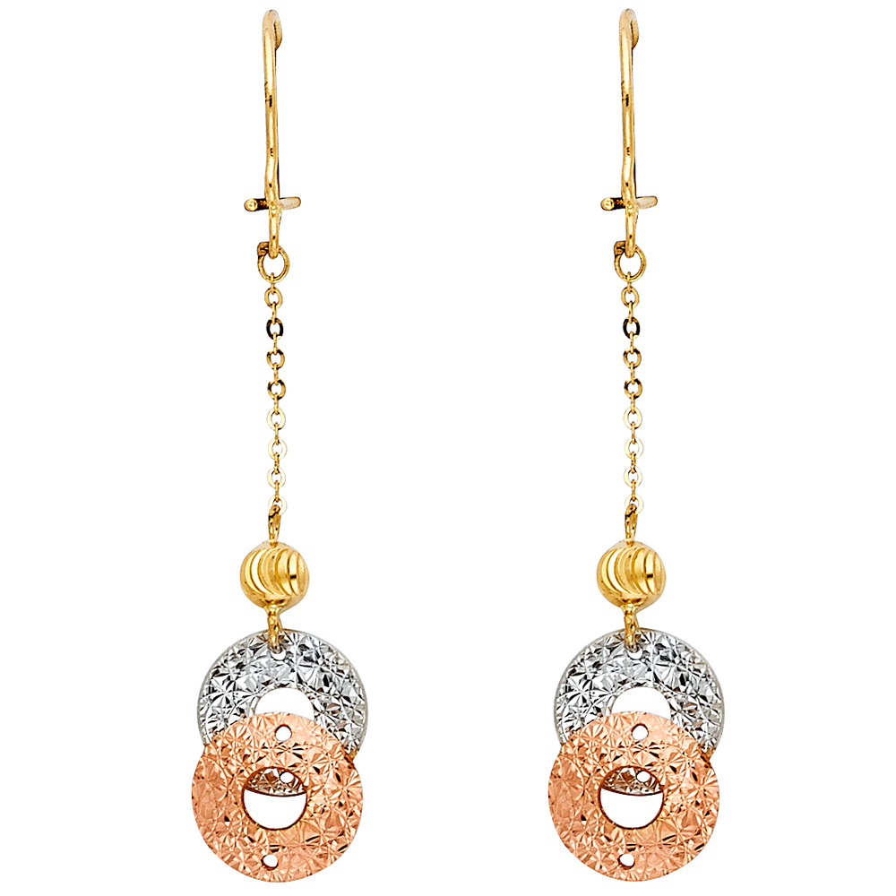 14k Tricolor Gold Fancy Diamond Cut Circles Chain Hanging Earrings Designer Style Look 50mm x 10mm