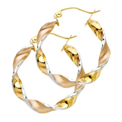 14k Yellow White Rose Gold Tricolor Round Swirl Hoop Earrings French Lock Diamond Cut 25mm x 4mm